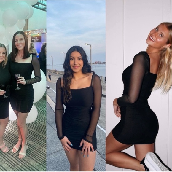 Princess Polly Charvi Black Mesh Long Sleeve Square Neck Ruched Mini Dress - Picture 11 of 11